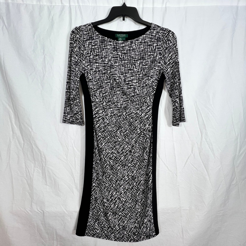 Lauren Ralph Lauren Dress Black White Sheath Stretch 3/4 Sleeve Sz 8‎ Bodycon